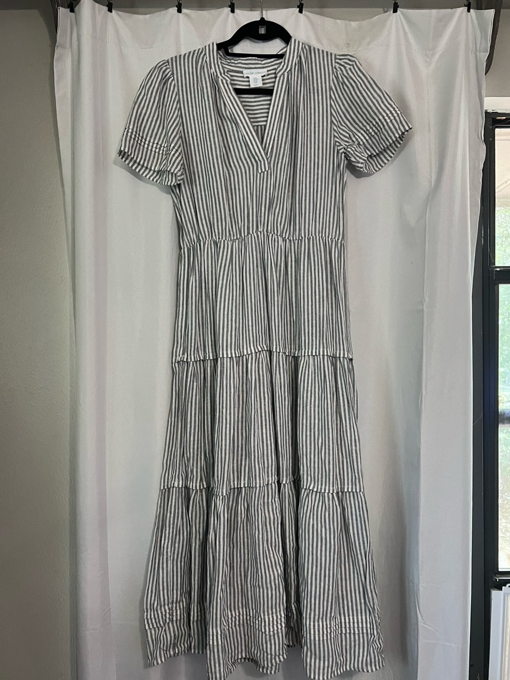 Cynthia Rowley Gray and White Striped V-Neck Tiered Maxi Dress